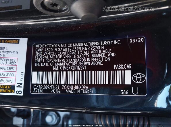 NMTKHMBXXLR112291 2020 TOYOTA C-HR Black ძრავის განყოფილების ხედი