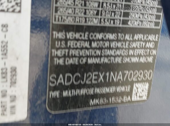 SADCJ2EX1NA702930 2022 JAGUAR F-PACE Синий Вид подкапотного пространства