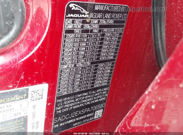 SADCJ2EX5PA706580 2023 JAGUAR F-PACE Burgundy ძრავის განყოფილების ხედი