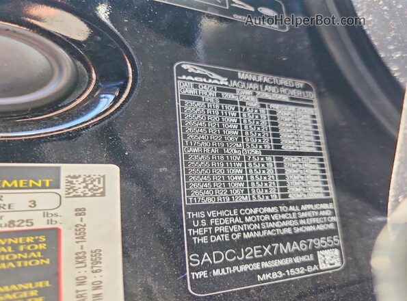SADCJ2EX7MA679555 2021 JAGUAR F-PACE Black Widok naklejki z numerem VIN