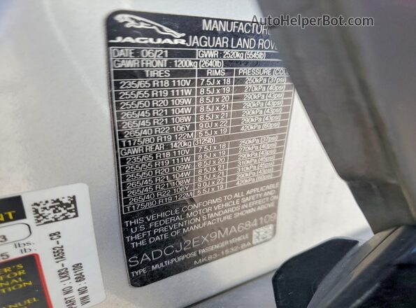SADCJ2EX9MA684109 2021 JAGUAR F-PACE Silver Панорамний вид салону 360°