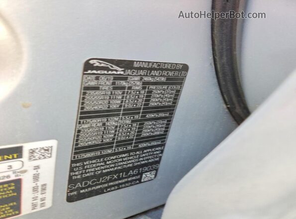 SADCJ2FX1LA619039 2020 JAGUAR F-PACE Silver VIN კოდის სტიკერის ხედი