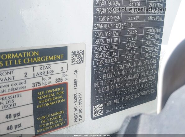 SADCJ2FX5KA359761 2019 JAGUAR F-PACE White 