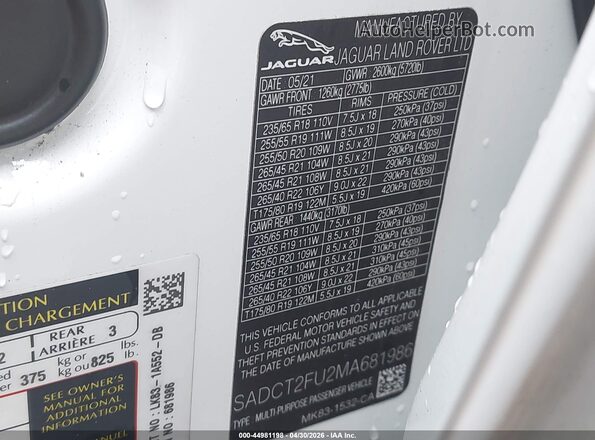 SADCT2FU2MA681986 2021 JAGUAR F-PACE White Вид підкапотного простору