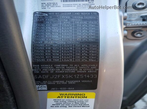 SADFJ2FX5K1Z51433 2019 JAGUAR E-PACE Silver 360 interior view