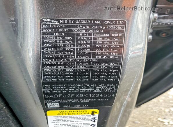 SADFJ2FX9K1Z34554 2019 JAGUAR E-PACE Gray 