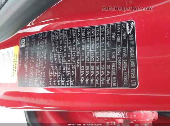 SADFK2FX5L1Z82065 2020 JAGUAR E-PACE Red Вид підкапотного простору