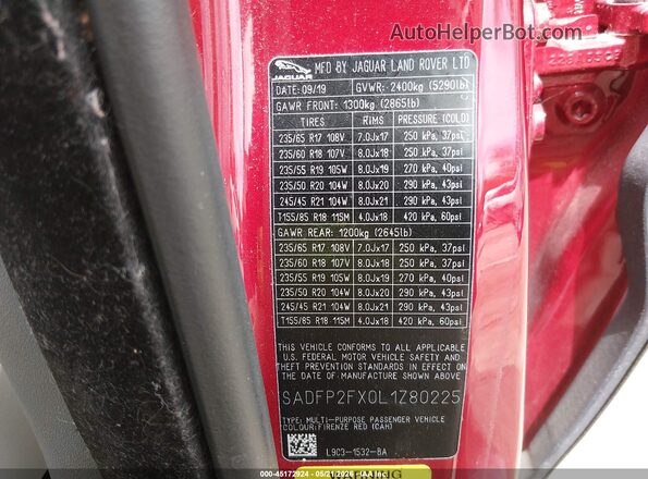 SADFP2FX0L1Z80225 2020 JAGUAR E-PACE Red Vista del compartimento del motor