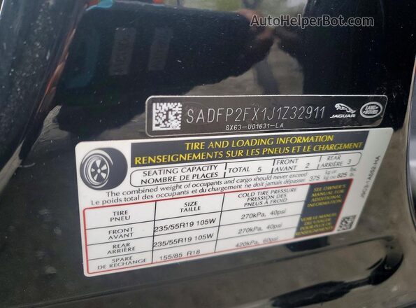 SADFP2FX1J1Z32911 2018 JAGUAR E-PACE Black Vista de la etiqueta del VIN