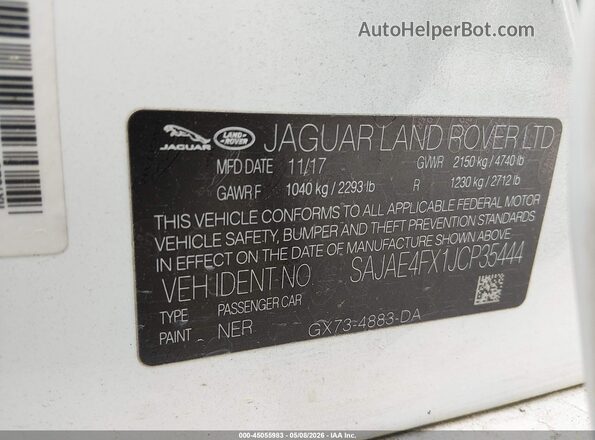 SAJAE4FX1JCP35444 2018 JAGUAR XF White Вид підкапотного простору
