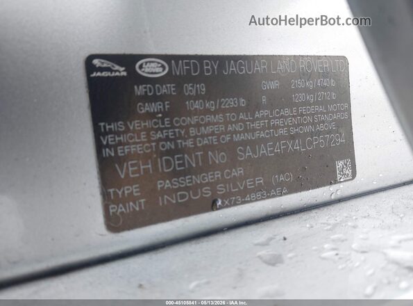 SAJAE4FX4LCP57294 2020 JAGUAR XF Silver Engine compartment view