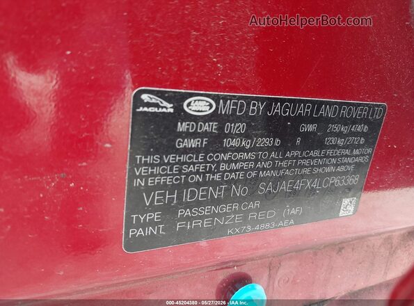 SAJAE4FX4LCP63368 2020 JAGUAR XF Red Вид підкапотного простору