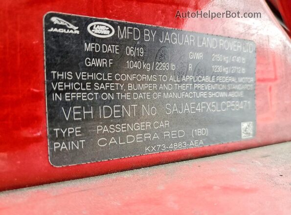 SAJAE4FX5LCP58471 2020 JAGUAR XF Red Vista de la etiqueta del VIN