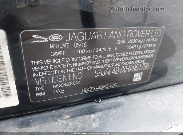SAJAF4BVXHA951798 2017 JAGUAR XF Черный Вид подкапотного пространства