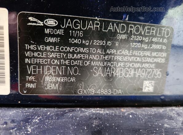 SAJAR4BG9HA972795 2017 JAGUAR XF Blue Vista del compartimento del motor