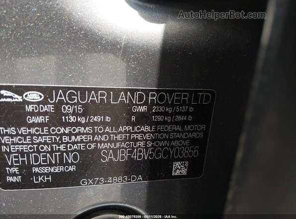 SAJBF4BV5GCY03856 2016 JAGUAR XF Gray 