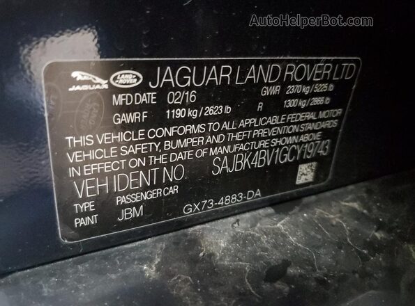 SAJBK4BV1GCY19743 2016 JAGUAR XF Blue Vista de la etiqueta del VIN
