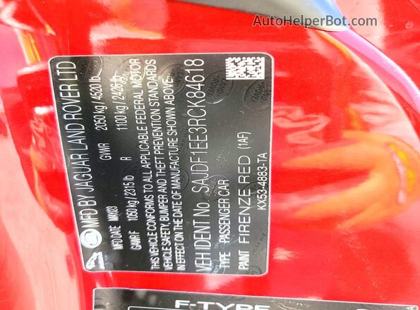 SAJDF1EE3RCK84618 2024 JAGUAR F-TYPE Red VIN կոդի պիտակի տեսք