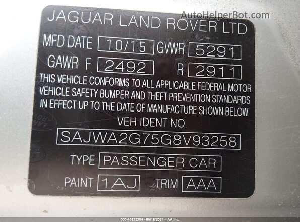 SAJWA2G75G8V93258 2016 JAGUAR XJ Gray ძრავის განყოფილების ხედი