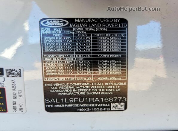 SAL1L9FU1RA168773 2024 LAND ROVER RANGE White VIN კოდის სტიკერის ხედი