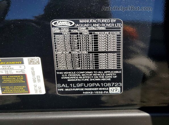 SAL1L9FU9PA108723 2023 LAND ROVER RANGE Black VIN კოდის სტიკერის ხედი