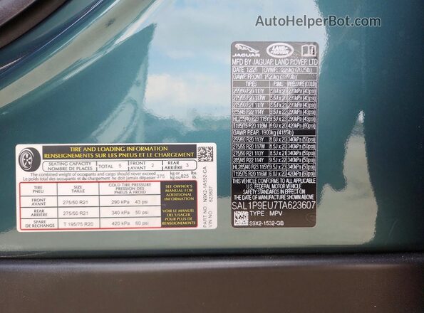 SAL1P9EU7TA623607 2026 LAND ROVER RANGE Green VIN sticker view