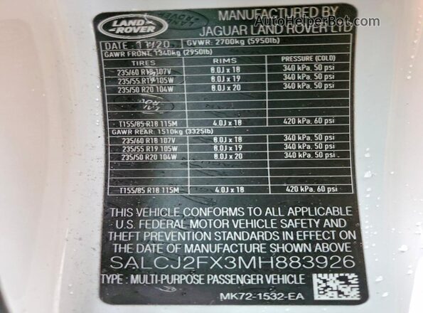 SALCJ2FX3MH883926 2021 LAND ROVER DISCOVERY White Вид наклейки з VIN-кодом