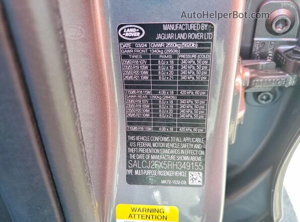 SALCJ2FX5RH349155 2024 LAND ROVER DISCOVERY Gray VIN sticker view
