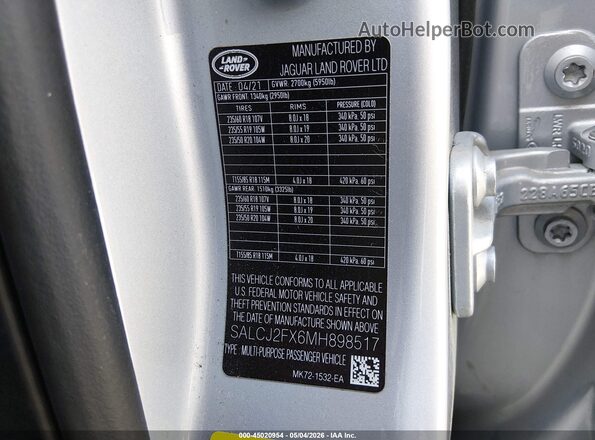 SALCJ2FX6MH898517 2021 LAND ROVER DISCOVERY SPORT Pewter 