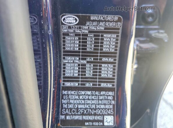 SALCL2FX7NH909245 2022 LAND ROVER DISCOVERY Blue სალონის 360-გრადუსიანი ხედი