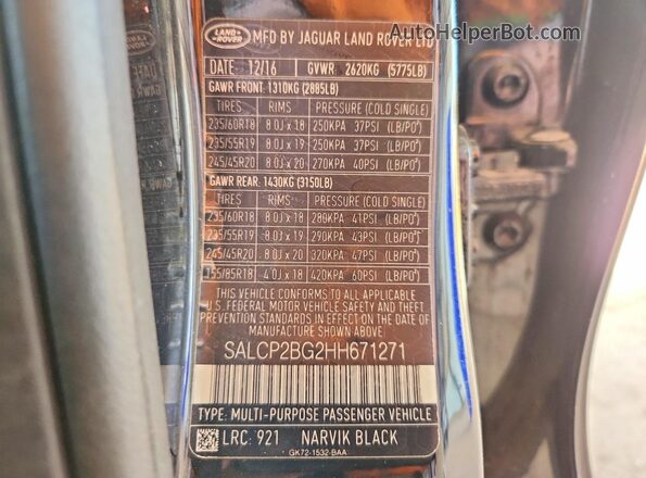 SALCP2BG2HH671271 2017 LAND ROVER DISCOVERY Черный Вид наклейки с VIN-кодом