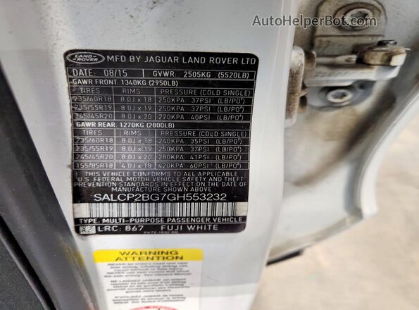SALCP2BG7GH553232 2016 LAND ROVER DISCOVERY White VIN კოდის სტიკერის ხედი