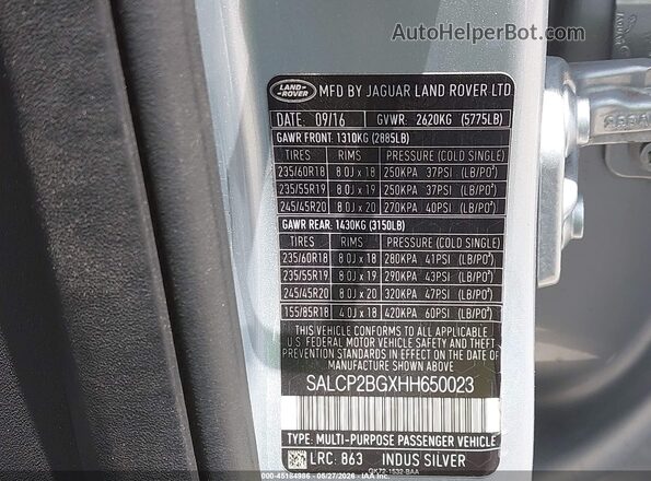 SALCP2BGXHH650023 2017 LAND ROVER DISCOVERY SPORT Серебряный Вид подкапотного пространства