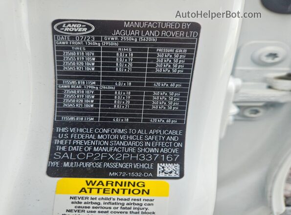 SALCP2FX2PH337167 2023 LAND ROVER DISCOVERY White VIN კოდის სტიკერის ხედი