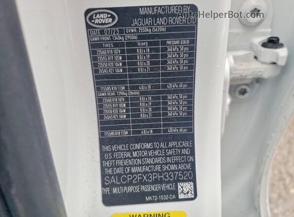 SALCP2FX3PH337520 2023 LAND ROVER DISCOVERY White Вид наклейки з VIN-кодом
