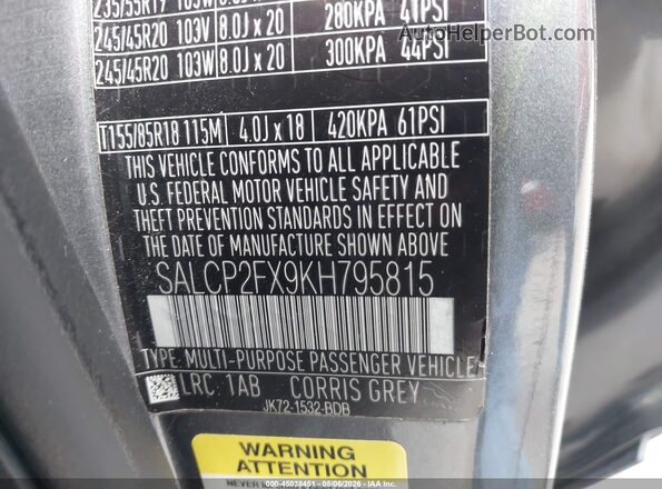 SALCP2FX9KH795815 2019 LAND ROVER DISCOVERY SPORT Серый Вид подкапотного пространства