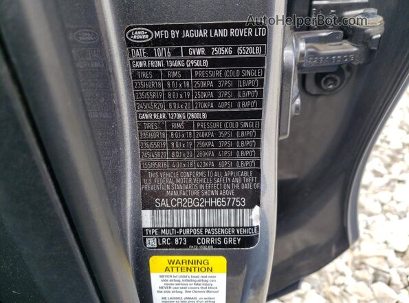SALCR2BG2HH657753 2017 LAND ROVER DISCOVERY Gray 