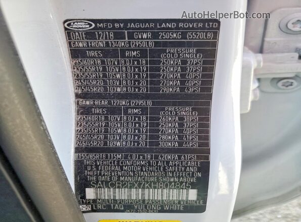 SALCR2FX7KH804845 2019 LAND ROVER DISCOVERY White Вид наклейки з VIN-кодом