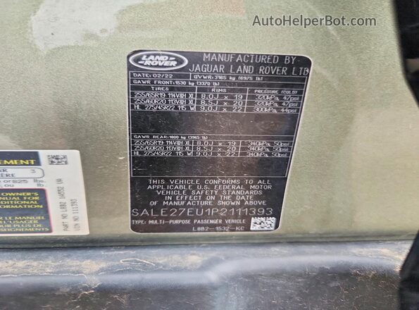 SALE27EU1P2111393 2023 LAND ROVER DEFENDER Green Vista de la etiqueta del VIN
