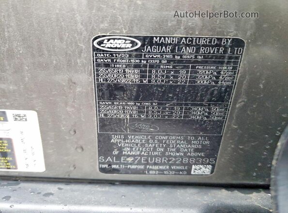 SALE27EU8R2288395 2024 LAND ROVER DEFENDER Gray Вид наклейки з VIN-кодом