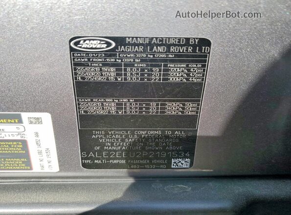 SALE2EEU2P2191534 2023 LAND ROVER DEFENDER Gray Vista de la etiqueta del VIN