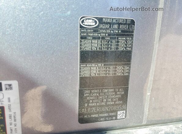 SALE2ERU6N2089516 2022 LAND ROVER DEFENDER Silver Vista de la etiqueta del VIN