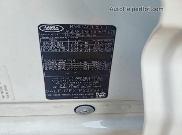 SALEJ7EX1P2239436 2023 LAND ROVER DEFENDER White Панорамний вид салону 360°