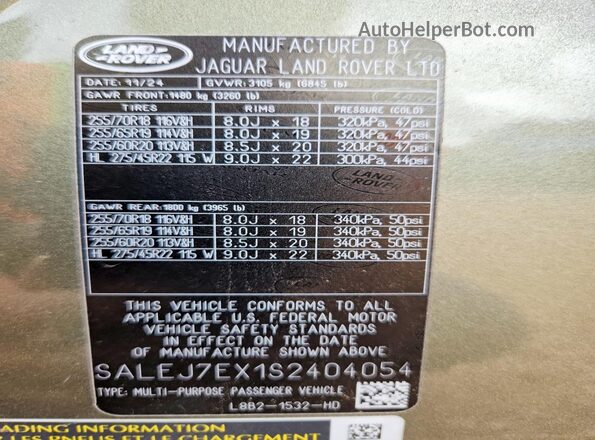 SALEJ7EX1S2404054 2025 LAND ROVER DEFENDER Green Вид наклейки з VIN-кодом