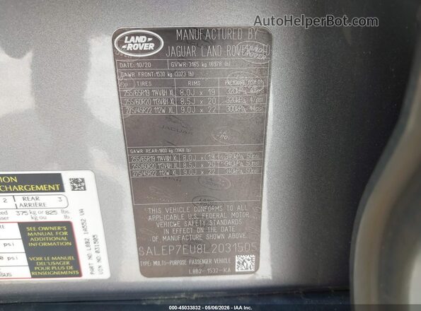 SALEP7EU8L2031505 2020 LAND ROVER DEFENDER Gray 