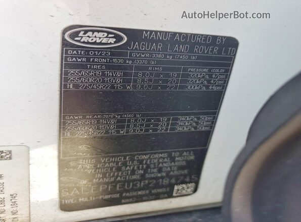 SALEPFEU3P2184745 2023 LAND ROVER DEFENDER White Vista de la etiqueta del VIN