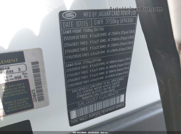 SALGS2EF1GA246473 2016 LAND ROVER RANGE ROVER White Вид підкапотного простору