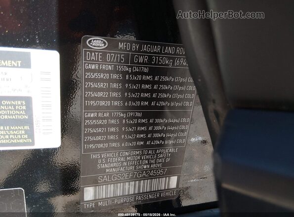 SALGS2EF7GA245957 2016 LAND ROVER RANGE ROVER Black Շարժիչի բաժամունքի տեսք