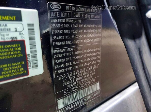 SALGS2EFXGA286759 2016 LAND ROVER RANGE Black Вид наклейки з VIN-кодом