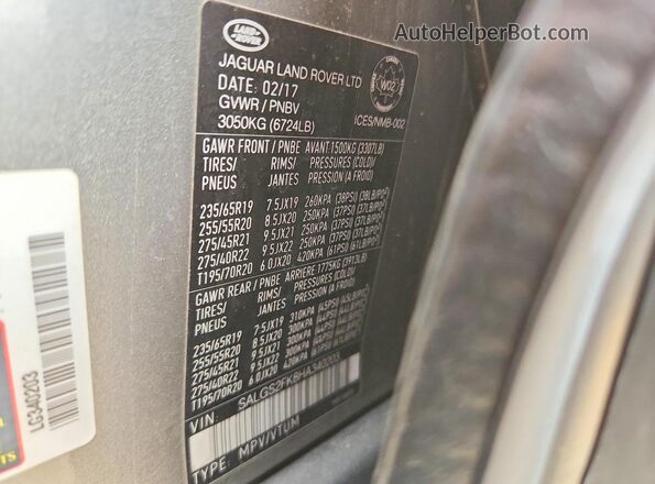 SALGS2FK8HA340203 2017 LAND ROVER RANGE Silver VIN կոդի պիտակի տեսք